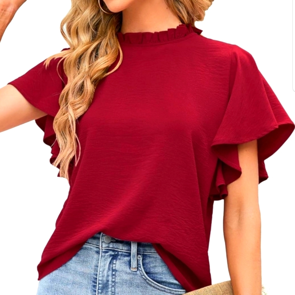 Aifer Elegant Ruffle Sleeve Blouse in Rich Red